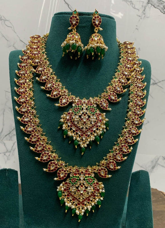 Nagasi Work with Kempu Stones Bridal Combo Set - Nakshatra Jewels