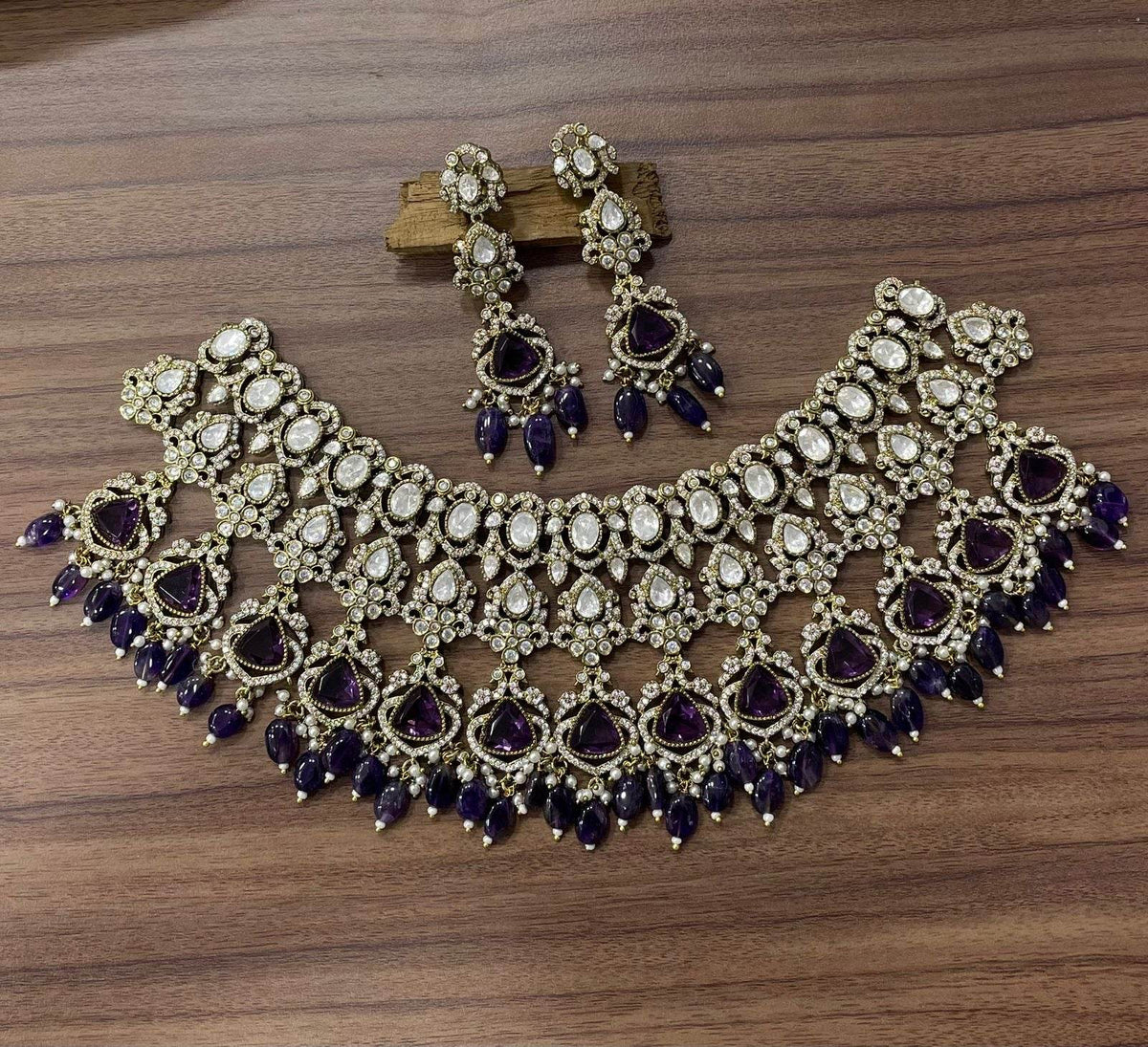 Victorian Polish AD & Moissanite Stones Bridal Neck Set