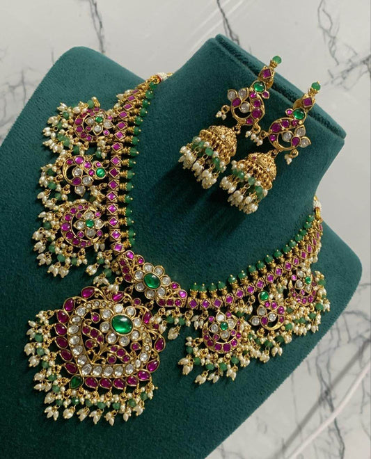 Jaadu Kundan Stones Whith Guttapusal Bridal Necklace - Nakshatra Jewels