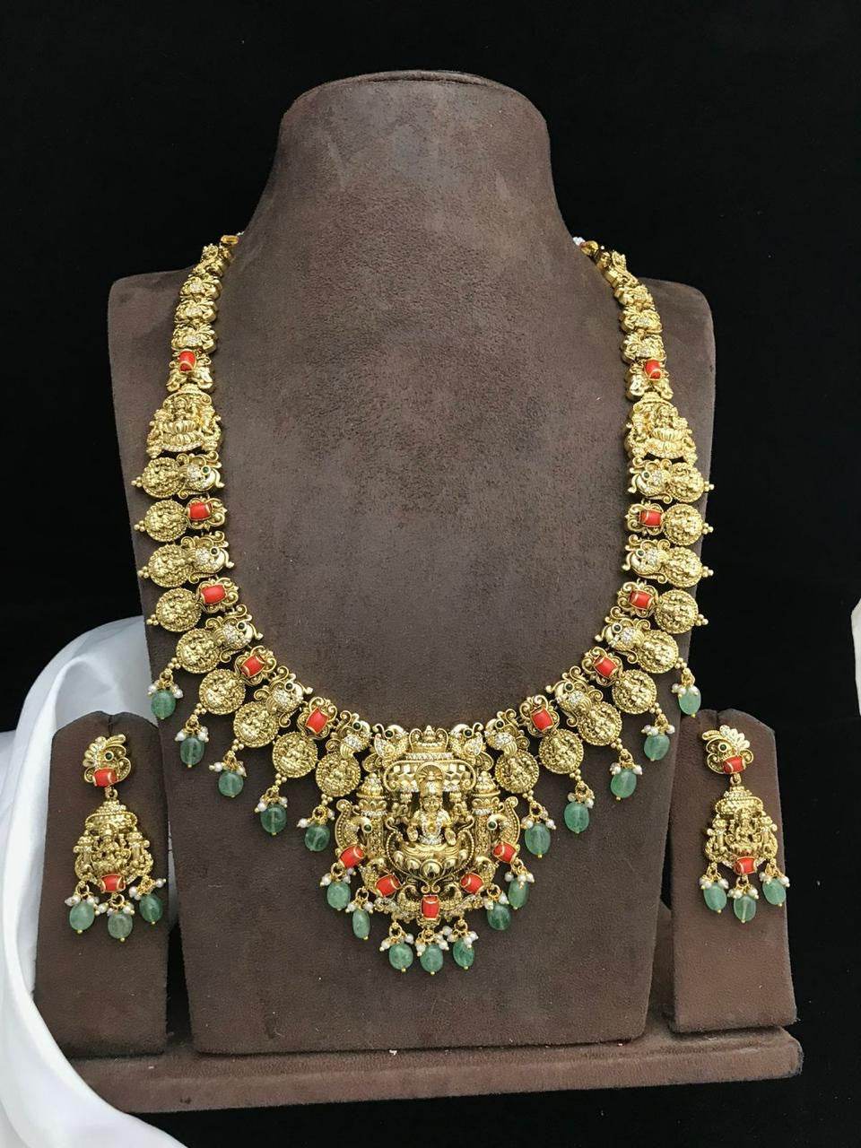 Nakshi Work with AD & Coral Beads Haram - Nakshatra Jewels