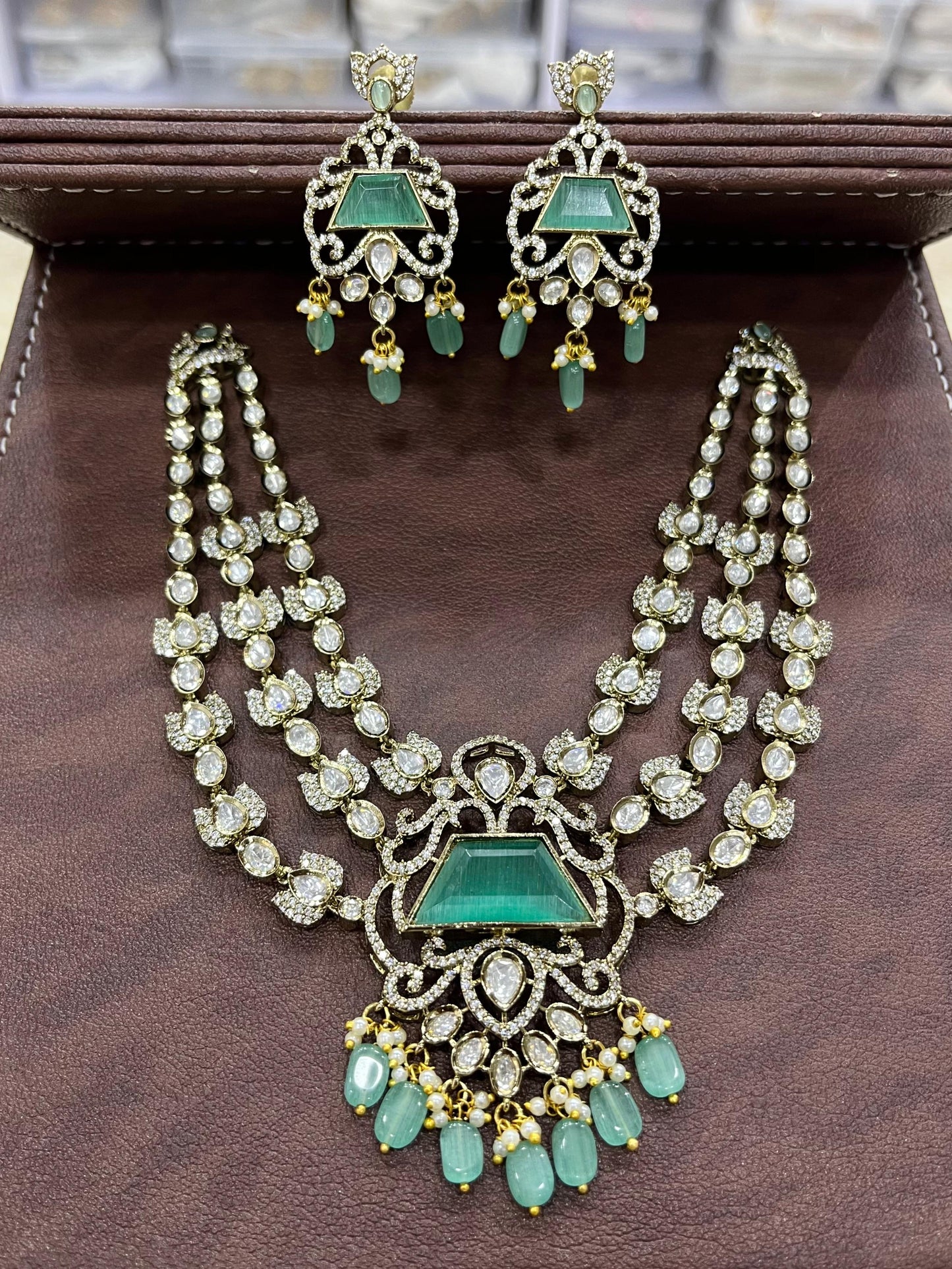Victorian Polish with AD & Mossianite Stones Bridal Necklace