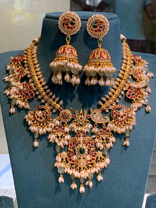 Nakshi Work with kempu Stones and Guttapusal Bridal Necklace