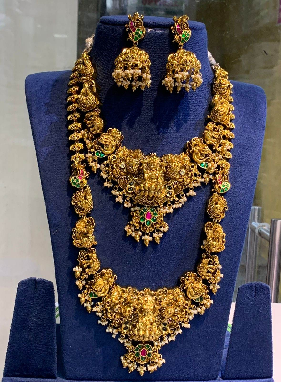 Nakshi Work with Jaadu Kundan Stones Bridal Combo Set (Gold Replica)