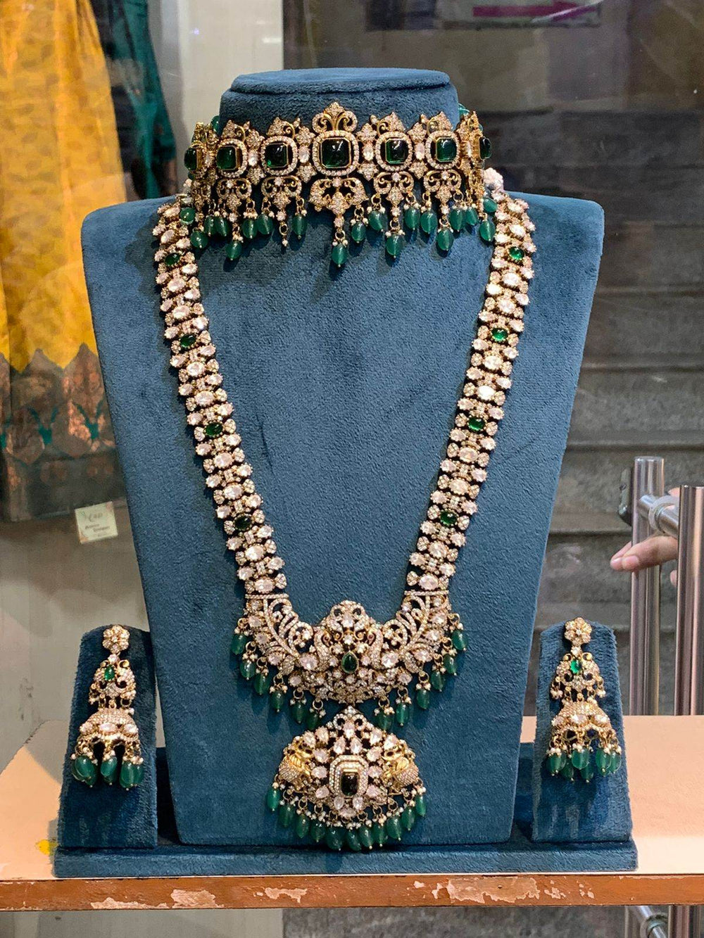 Victorian Polish with Moissanite Stones Bridal Combo Set - Green - Nakshatra Jewels
