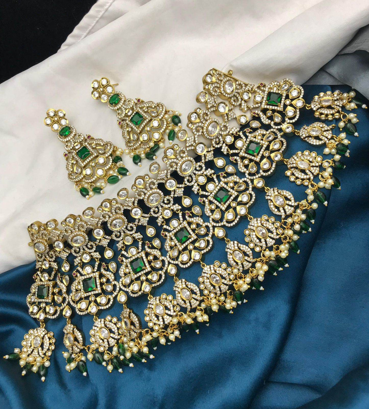 Victorian Polish AD & Moissanite Stones Bridal Neck Set