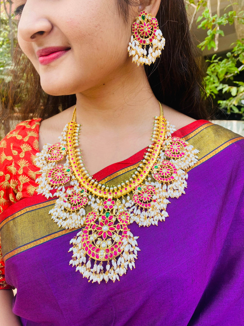 Jadau Kundan Stones Bridal Necklace with Rice Pearls (Guttapusal Necklace) - Nakshatra Jewels