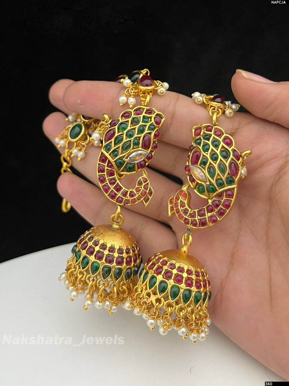 Premium Matt Finish with Kempu Stones Earrings with Ear Chain - Nakshatra Jewels