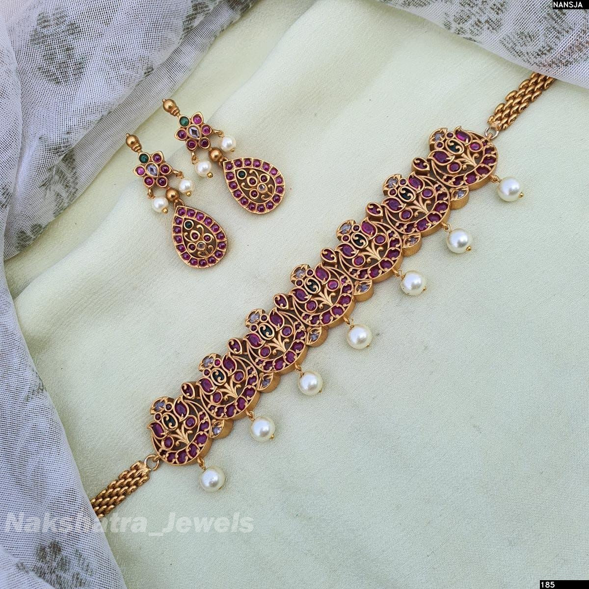 Nagasi work with Kempu Stones Bridal Choker