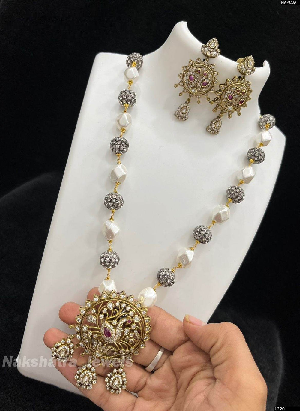 Victorian Polish AD Stones Pendent with Beads Haram - Nakshatra Jewels