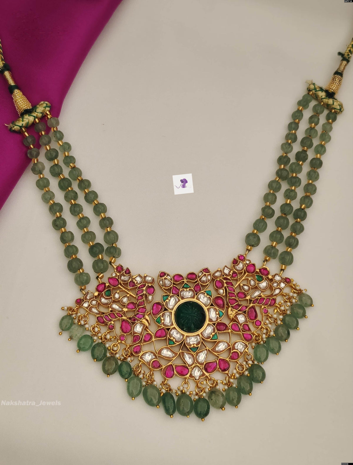 Jadau Kundan Stones Bridal Pendent with Semi Precious Beads Necklace