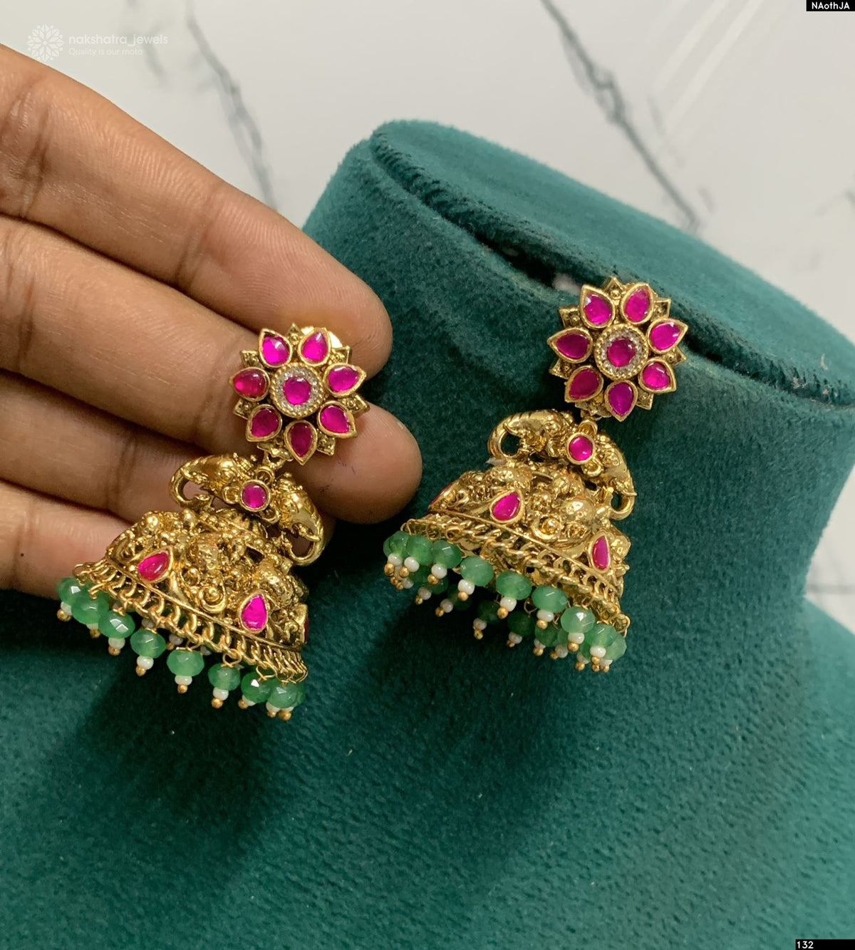 Nakshi Work with Kundan Stones Earrings