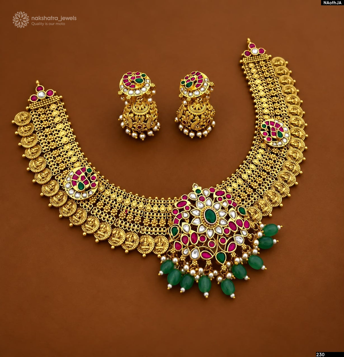 Nakshi work Kassu Necklace with Kempu Stones Pendent