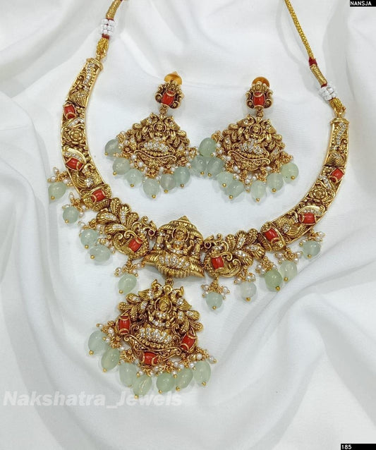 Nakshi Work with AD & Coral Beads Necklace