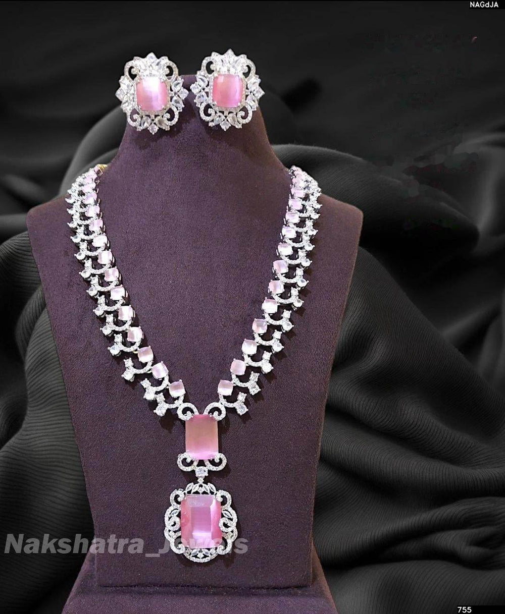 American Diamond Stones Bridal Necklace (Silver polish) - Nakshatra Jewels