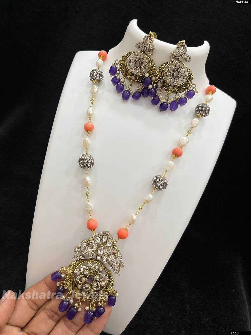 Victorian Polish AD Stones Pendent with Beads Haram - Nakshatra Jewels