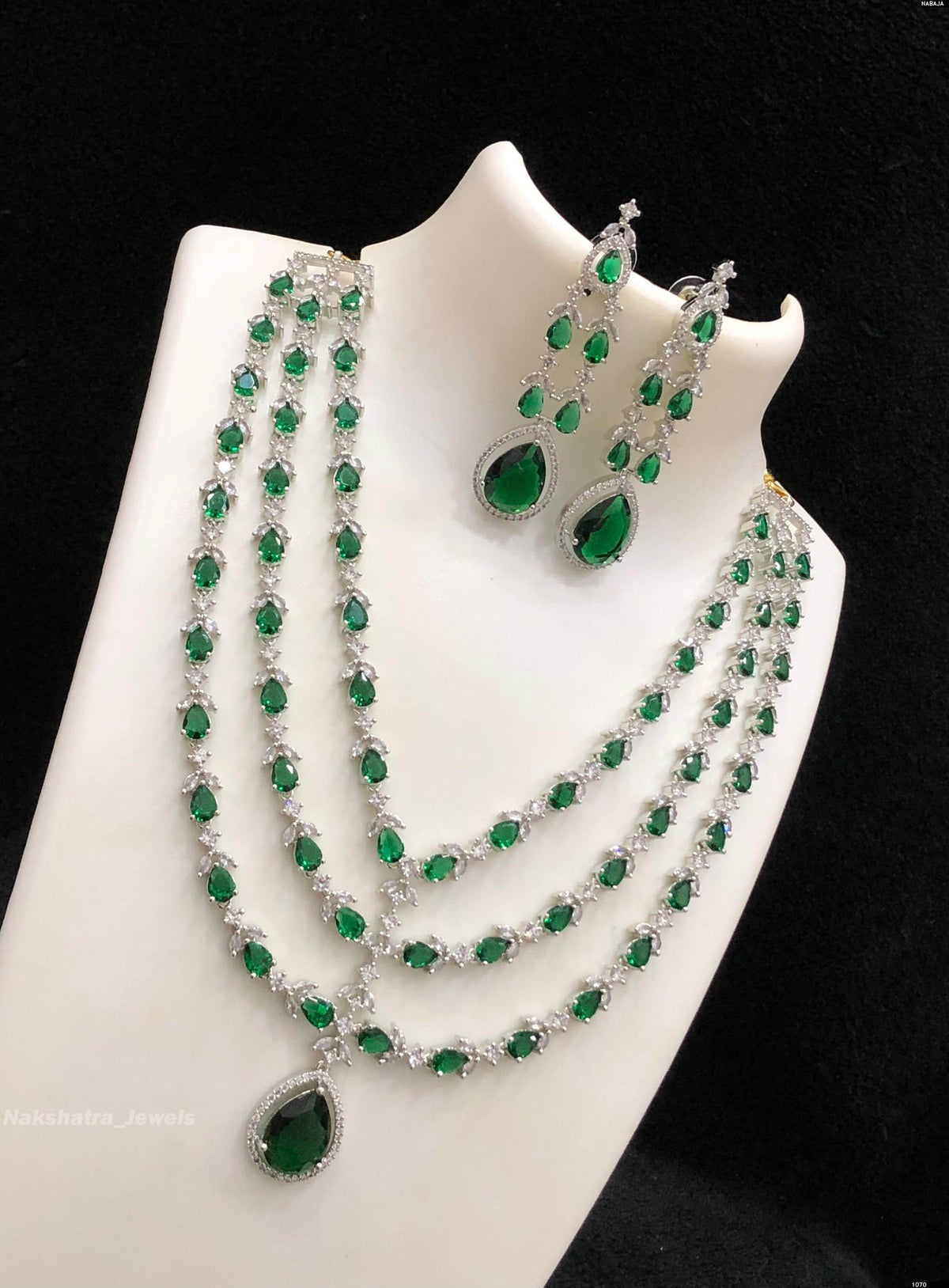 American Diamond Stones Bridal Layer Haram (Silver Polish)