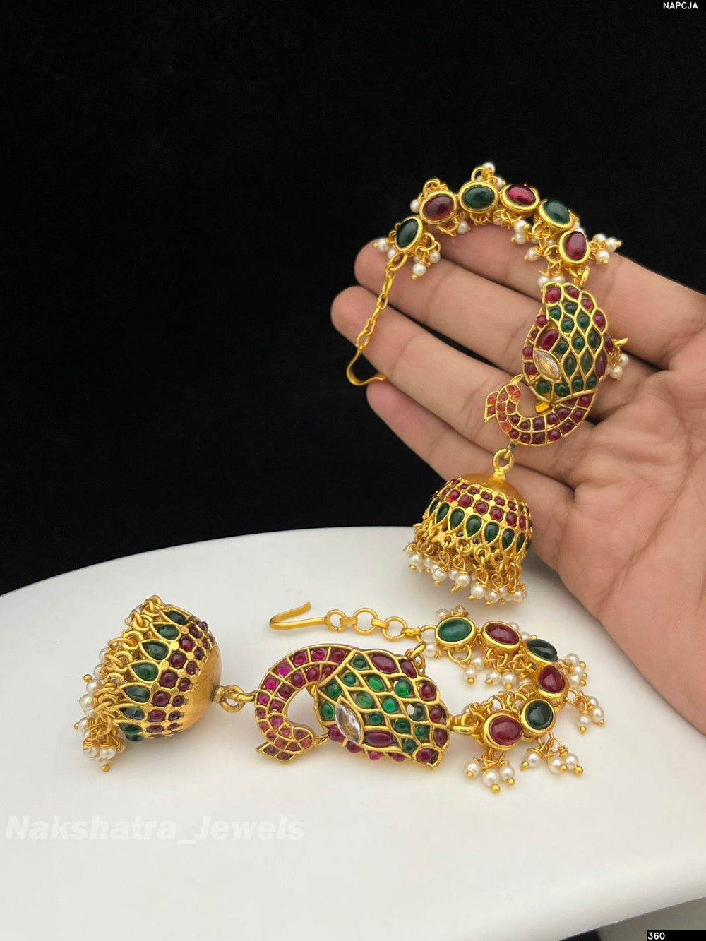 Premium Matt Finish with Kempu Stones Earrings with Ear Chain - Nakshatra Jewels