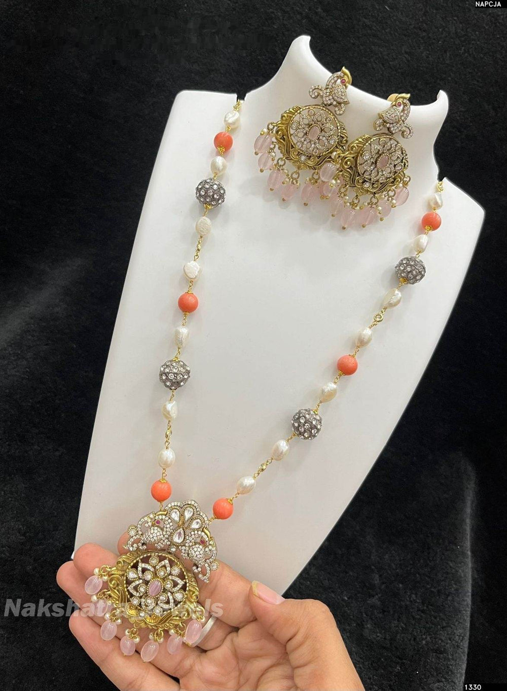 Victorian Polish AD Stones Pendent with Beads Haram - Nakshatra Jewels