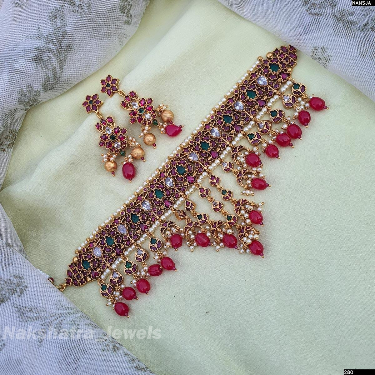 Nagasi work with Kempu Stones Bridal Choker