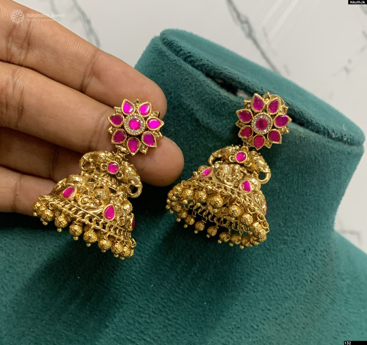 Nakshi Work with Kundan Stones Earrings