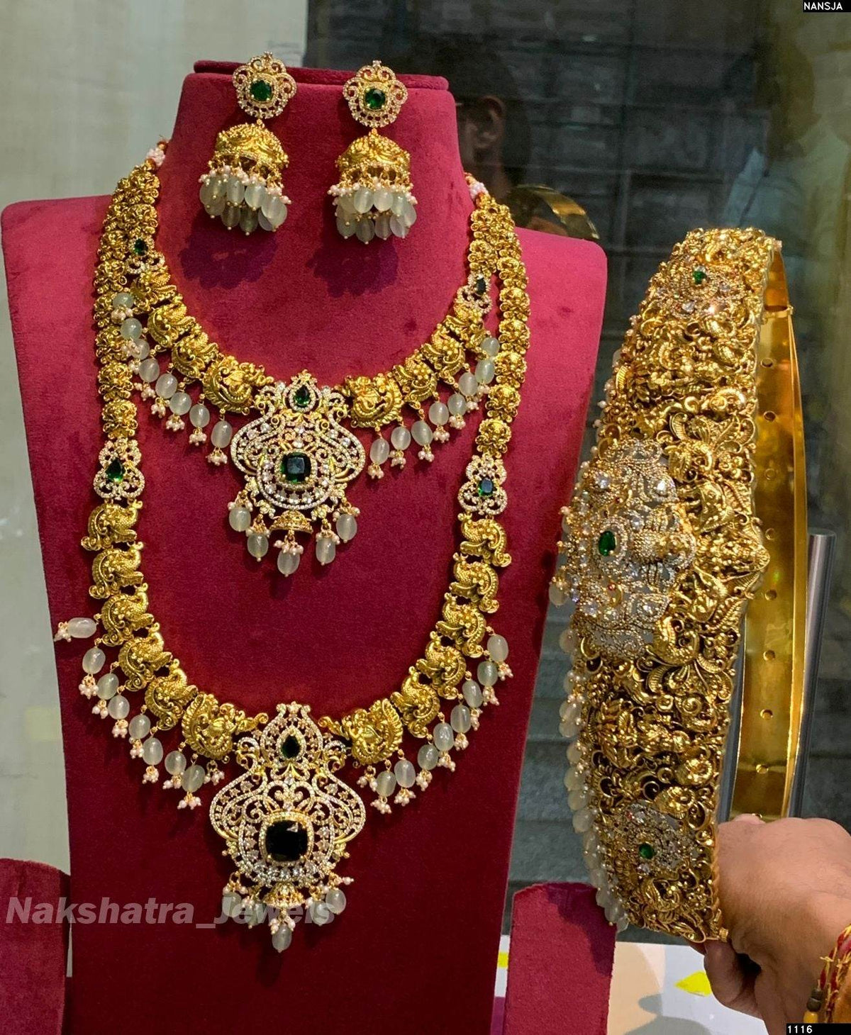 Victorian Polish AD Stones & Nakshi Work Bridal Set (Gold Replica)